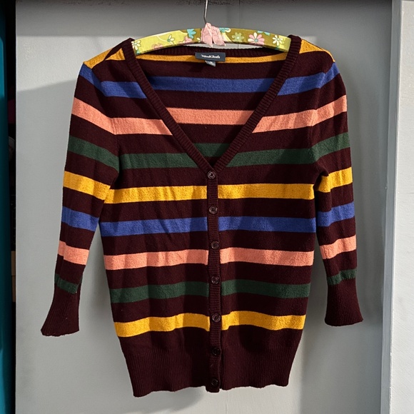 Modcloth Maroon Striped V Neck Cardigan Sweater - Picture 1 of 5